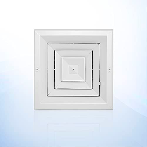 8 x 8 inch Duct Vent Cover. Air Supply HVAC Square Ceiling Diffuser with Opposing Blades Damper. 4 Way Extruded Aluminum Fixed Core. Low Noise. The Duct Hole Must Measure 8" x 8" to fit.