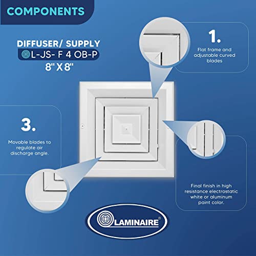8 x 8 inch Duct Vent Cover. Air Supply HVAC Square Ceiling Diffuser with Opposing Blades Damper. 4 Way Extruded Aluminum Fixed Core. Low Noise. The Duct Hole Must Measure 8" x 8" to fit.