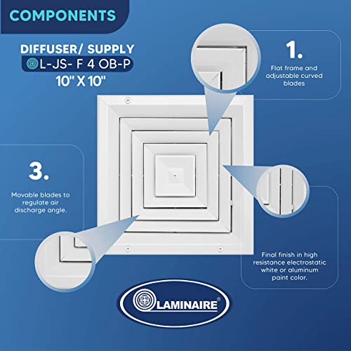 Duct Vent Cover. Air Supply HVAC Square Ceiling Diffuser with Opposing Blades Damper. 4 Way Extruded Aluminum Fixed Core. Low Noise.