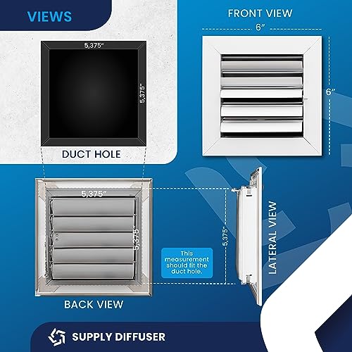 Vent Cover. 2-Way: Aluminum Curved Blade Adjustible Air Supply HVAC Ceiling Diffuser. Full Control Vert/Hor Airflow Direction with Easy Unrestricted Air Flow.