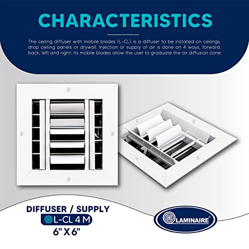 Air Vent Duct Cover. HVAC Ceiling Diffuser 4 Way Aluminum Curved Blade Adjustible Air Supply with Multi-Shutter Parallel Blade Damper - White- Full Control Vert./Horiz. Airflow Direction