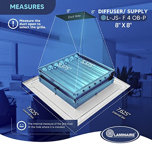 8 x 8 inch Duct Vent Cover. Air Supply HVAC Square Ceiling Diffuser with Opposing Blades Damper. 4 Way Extruded Aluminum Fixed Core. Low Noise. The Duct Hole Must Measure 8" x 8" to fit.