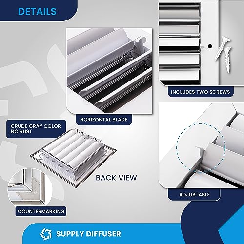 Vent Cover. 2-Way: Aluminum Curved Blade Adjustible Air Supply HVAC Ceiling Diffuser. Full Control Vert/Hor Airflow Direction with Easy Unrestricted Air Flow.