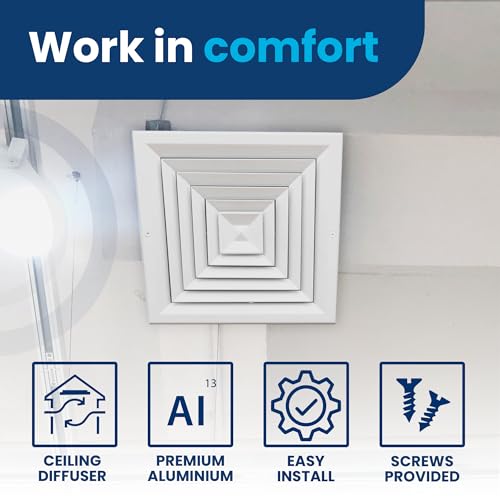 Duct Vent Cover. Air Supply HVAC Square Ceiling Diffuser with Opposing Blades Damper. 4 Way Extruded Aluminum Fixed Core. Low Noise.